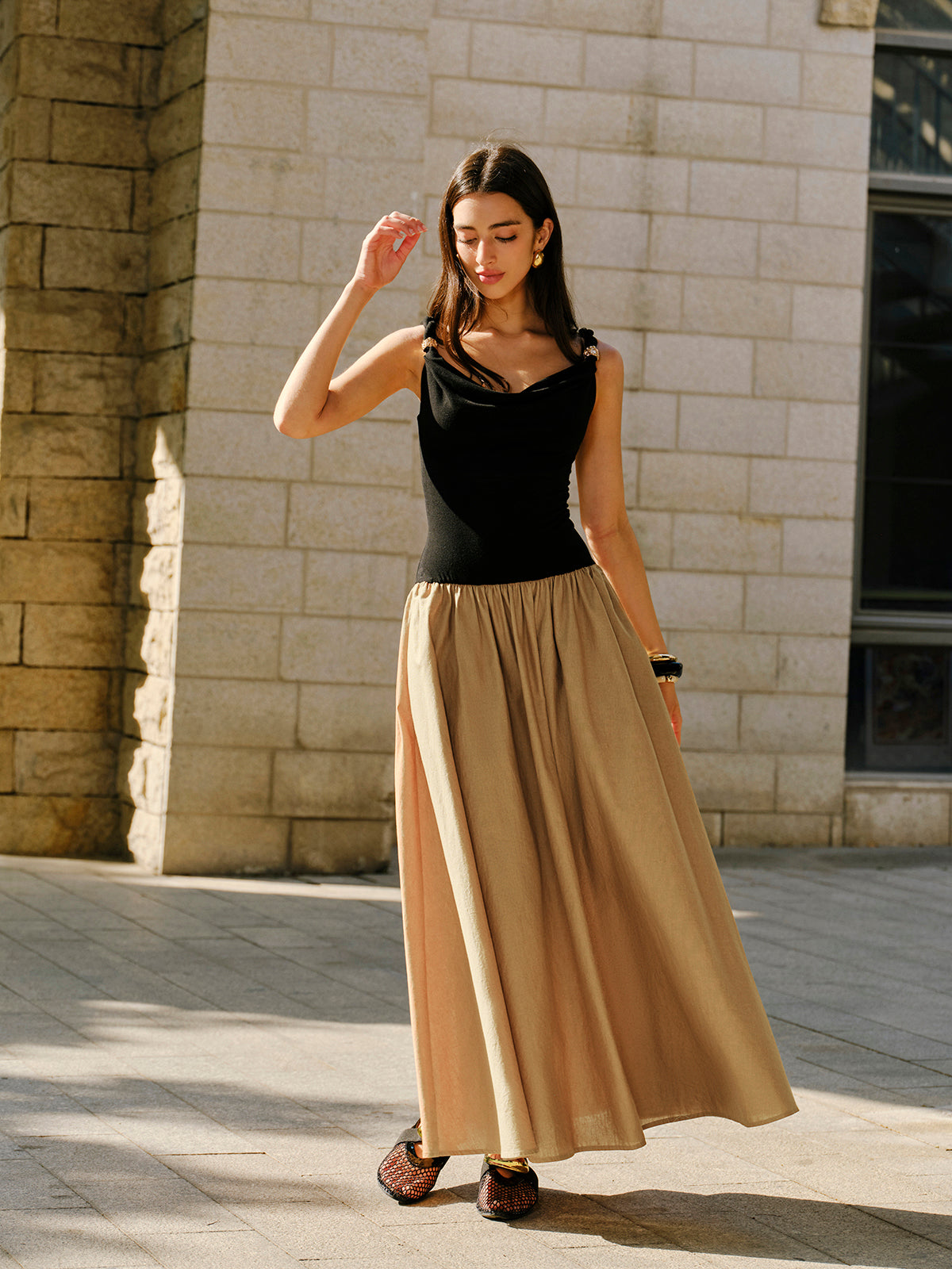Linen & Cotton Panel Cowl Neck Metal Detail Sleeveless Dress