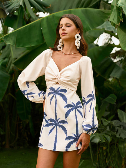 Long Sleeve Twist Front Print Dress