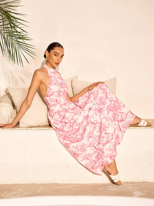Halter Neck Printed Backless Dress With Pockets