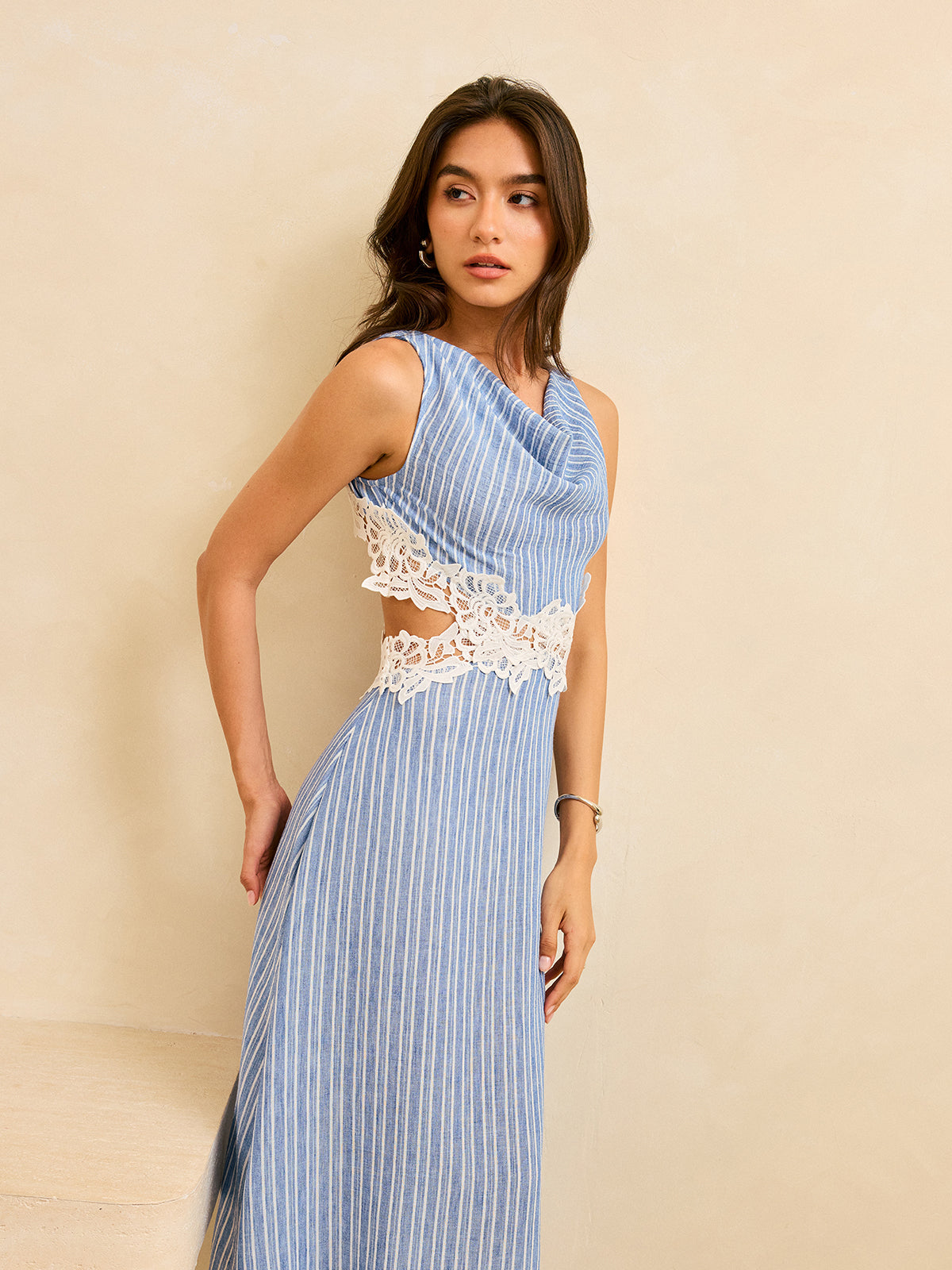 Striped Backless Dress with Lace Detail