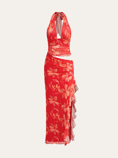 Semi-Sheer Ruffled Floral Halter Dress