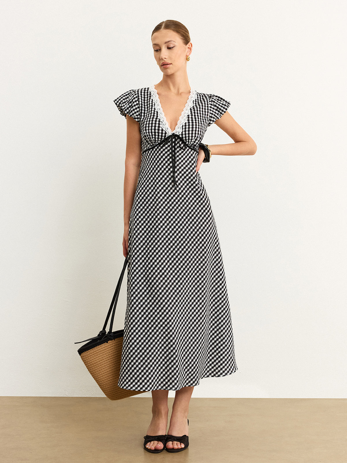 Gingham Lace-Trimmed Midi Dress