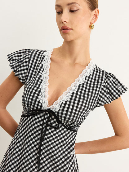 Gingham Lace-Trimmed Midi Dress