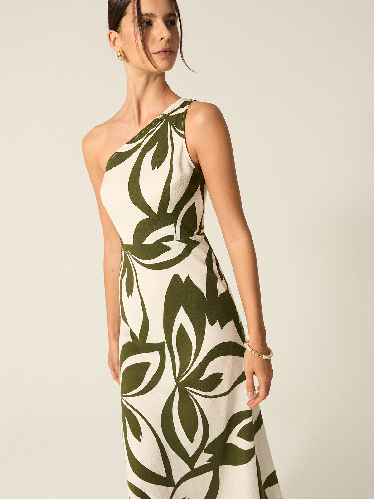 One-Shoulder Printed Midi Dress