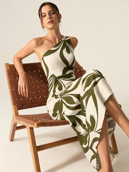One-Shoulder Printed Midi Dress