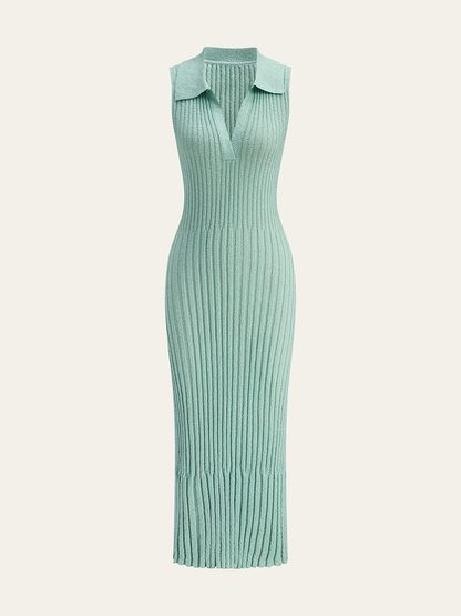 Ribbed Textured Knit Midi Dress with Polo Collar