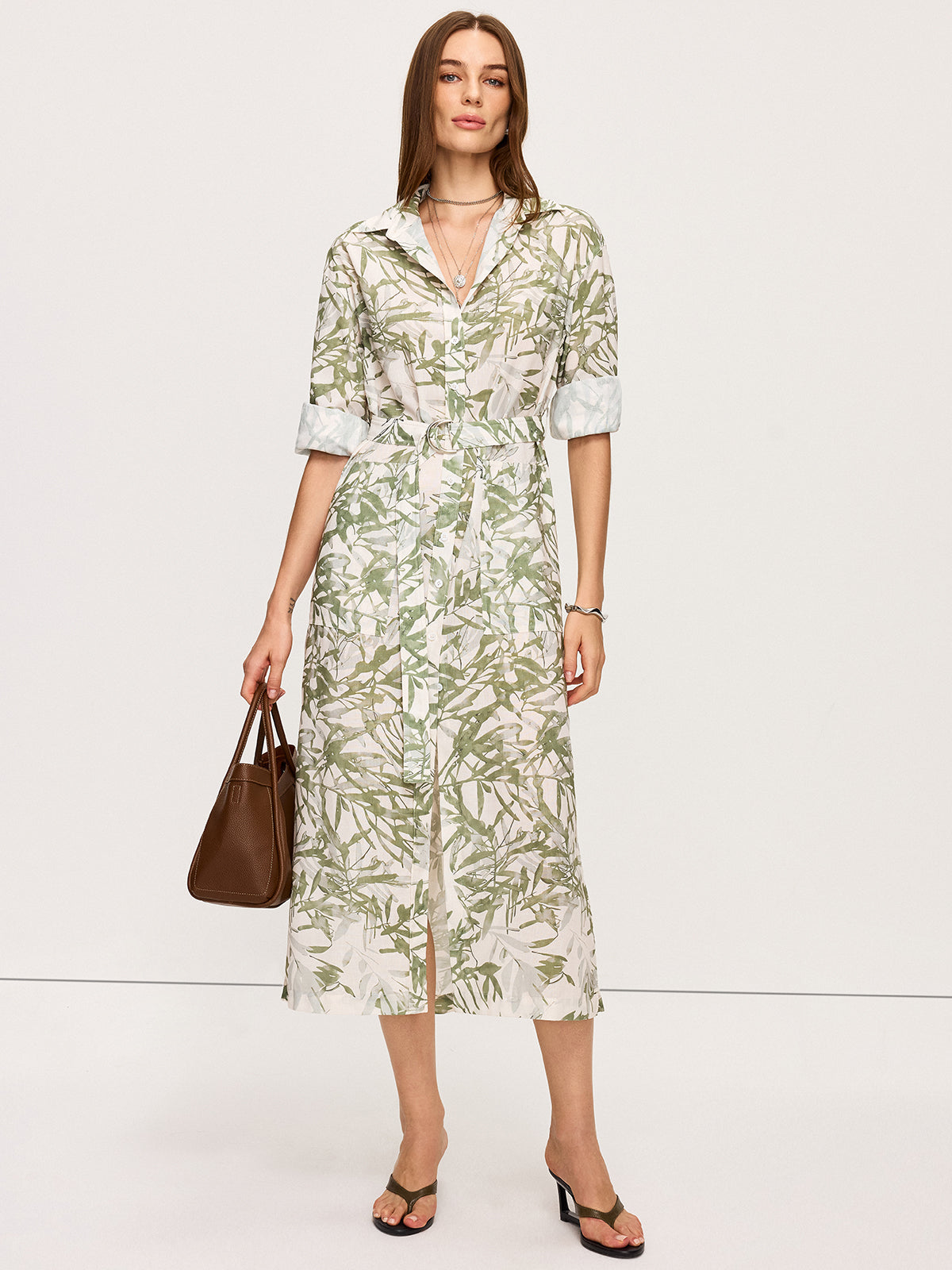 Leaf Printed  Belted Midi Dress with Slits