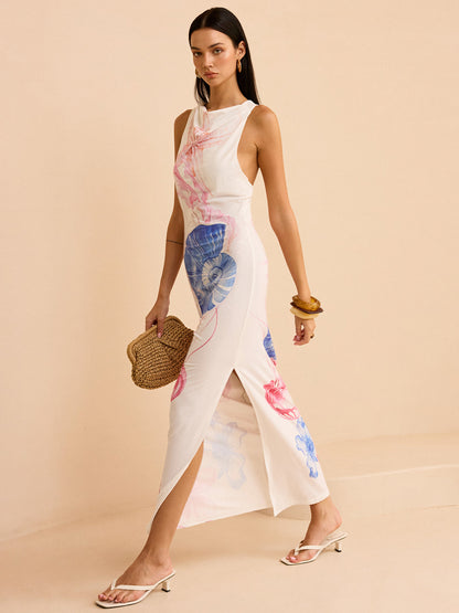Semi-Sheer Ocean Print Maxi Dress with Slit