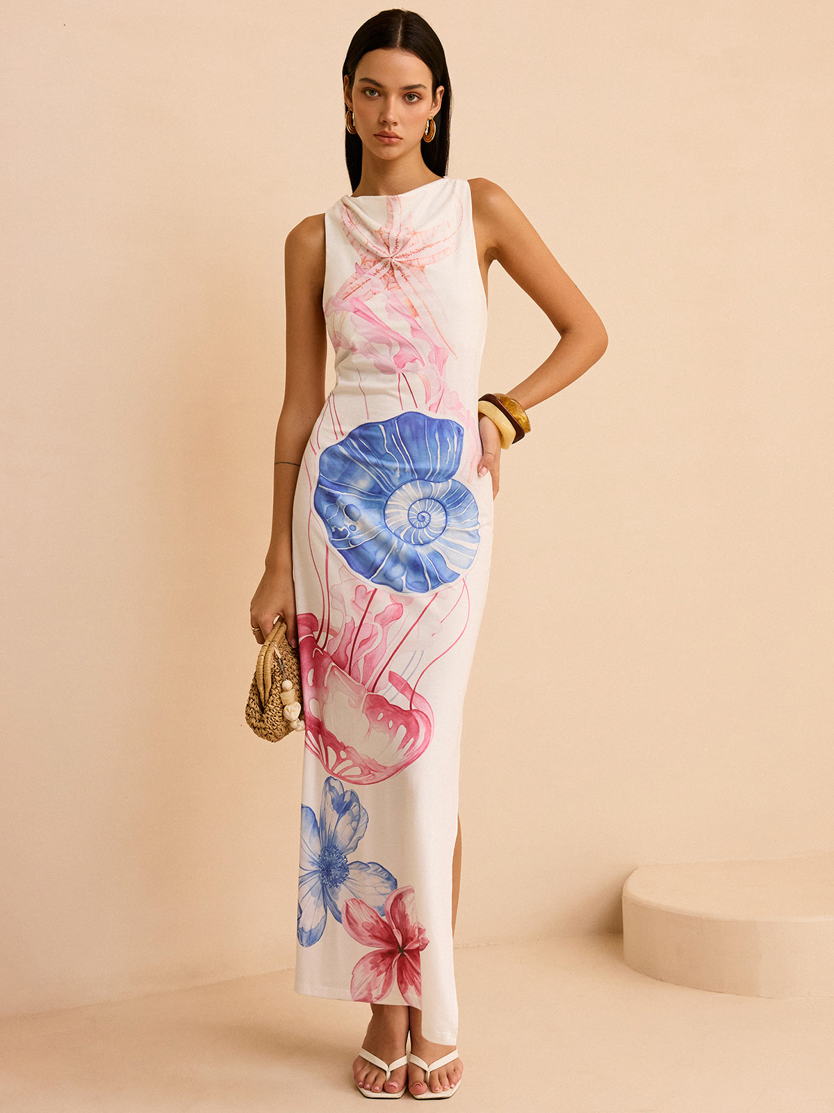 Semi-Sheer Ocean Print Maxi Dress with Slit