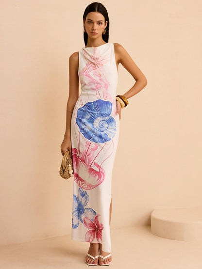 Semi-Sheer Ocean Print Maxi Dress with Slit