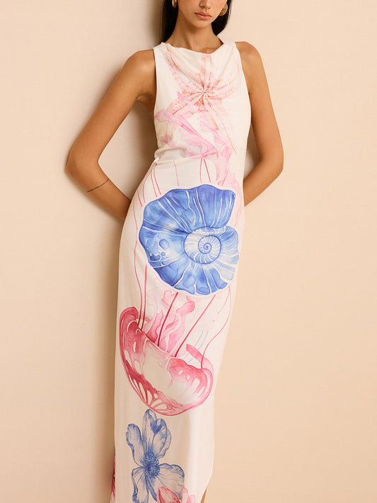 Semi-Sheer Ocean Print Maxi Dress with Slit