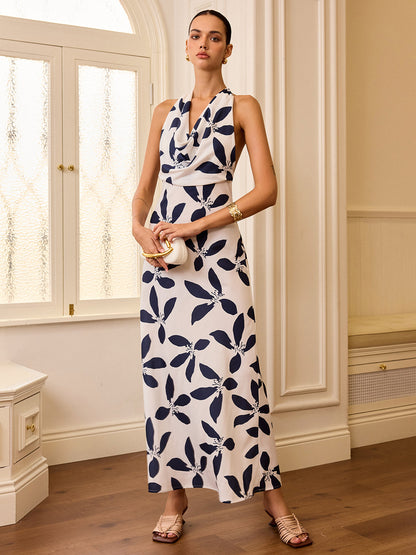 Semi-Sheer Halter Neck Backless Maxi Dress