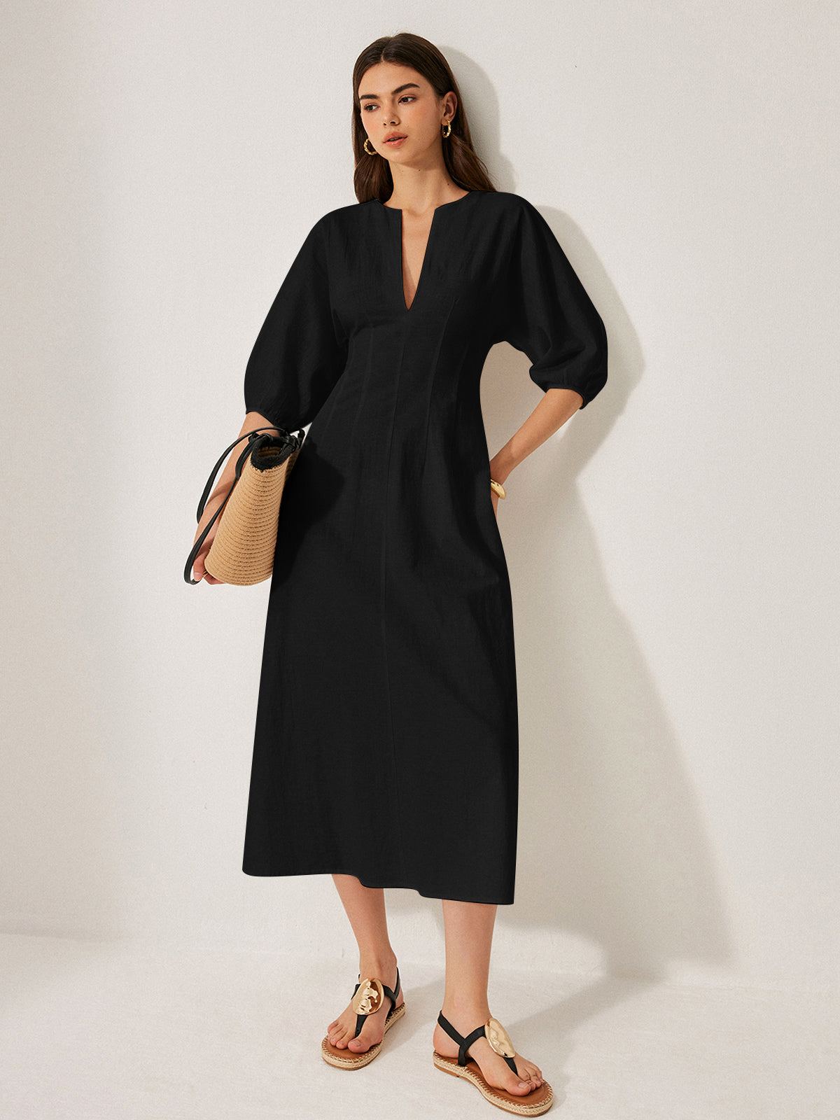 Cotton & Linen Puff Sleeve Dress Without Belt