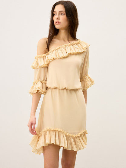 Semi-Sheer Chiffon One-Shoulder Ruffled Mini Dress