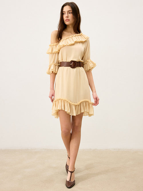 Semi-Sheer Chiffon One-Shoulder Ruffled Mini Dress