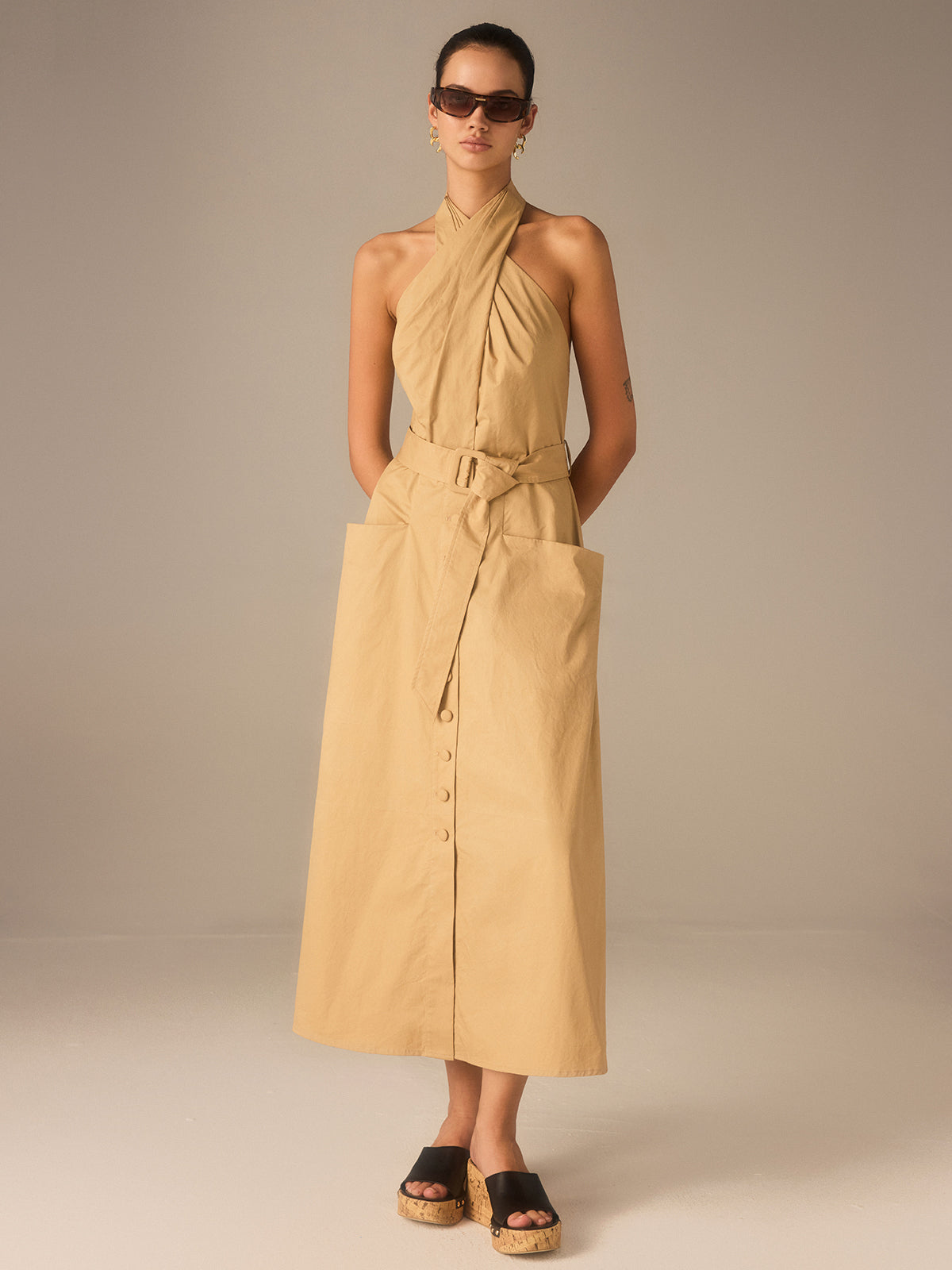 Cotton Pleated Halter Neck Belted Midi Dress