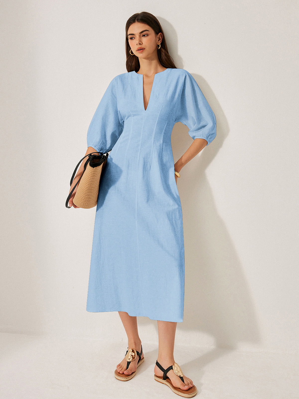 Cotton & Linen Puff Sleeve Dress Without Belt