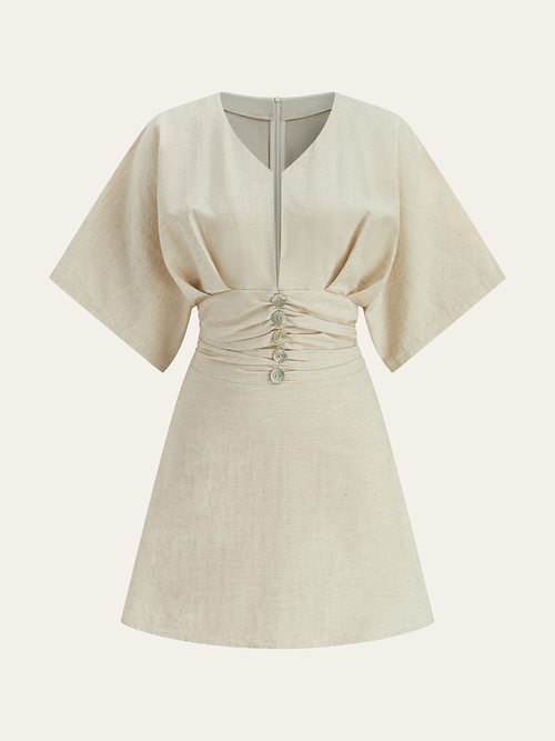 Cotton & Linen Ruched Button Detail Mini Dress