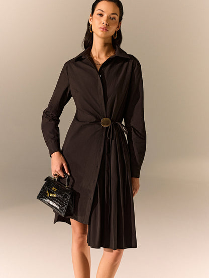 Asymmetric Pleated Hem Shirt Dress