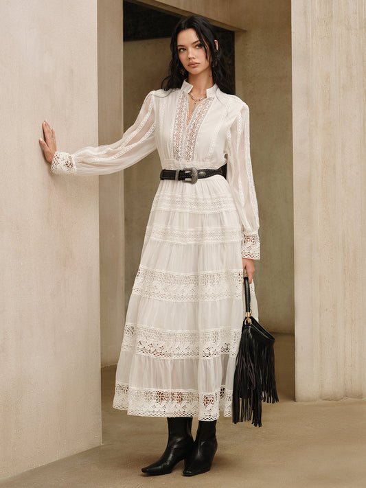 Semi-Sheer Lace Panel Maxi Dress without Belt
