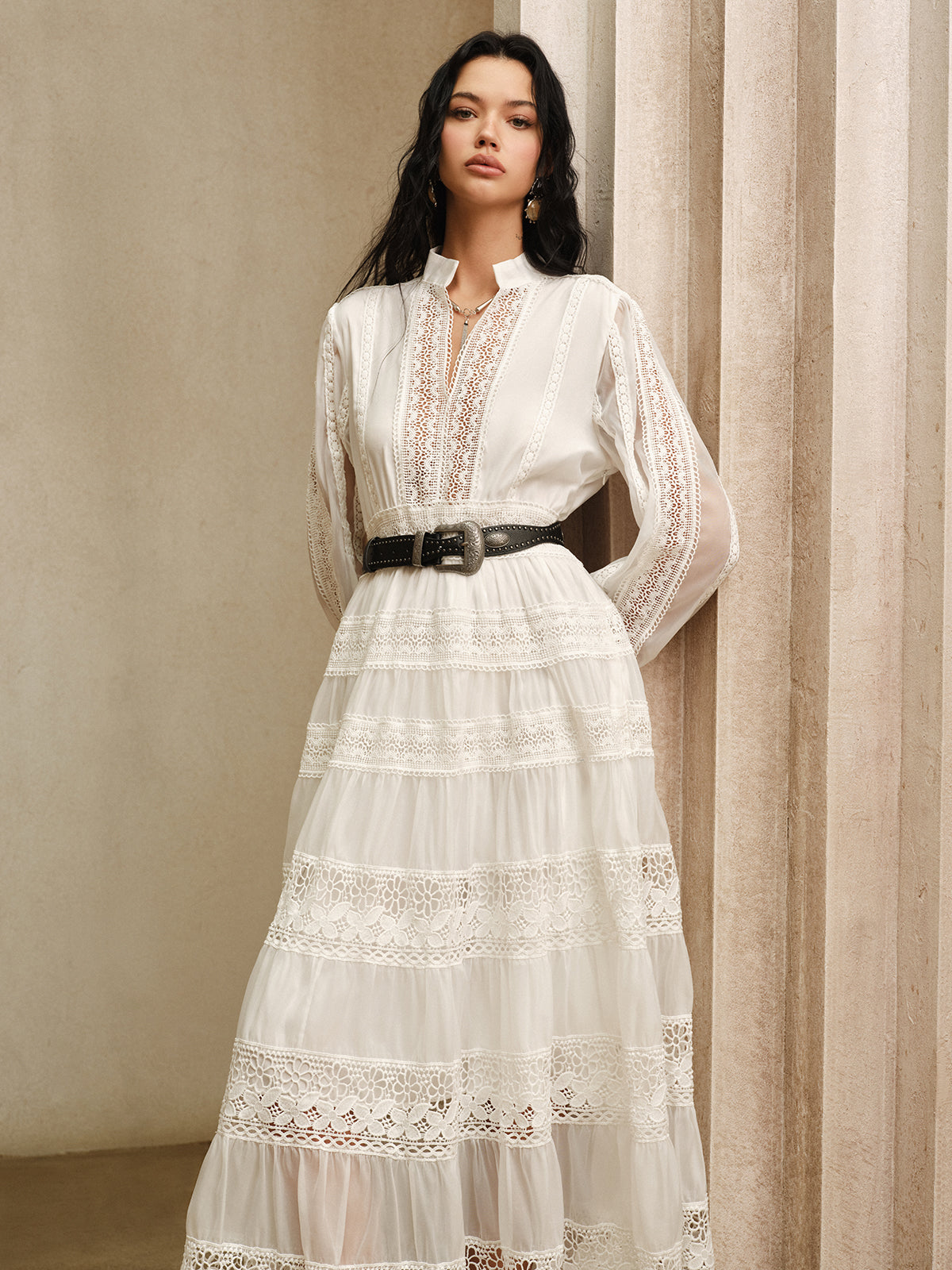 Semi-Sheer Lace Panel Maxi Dress without Belt