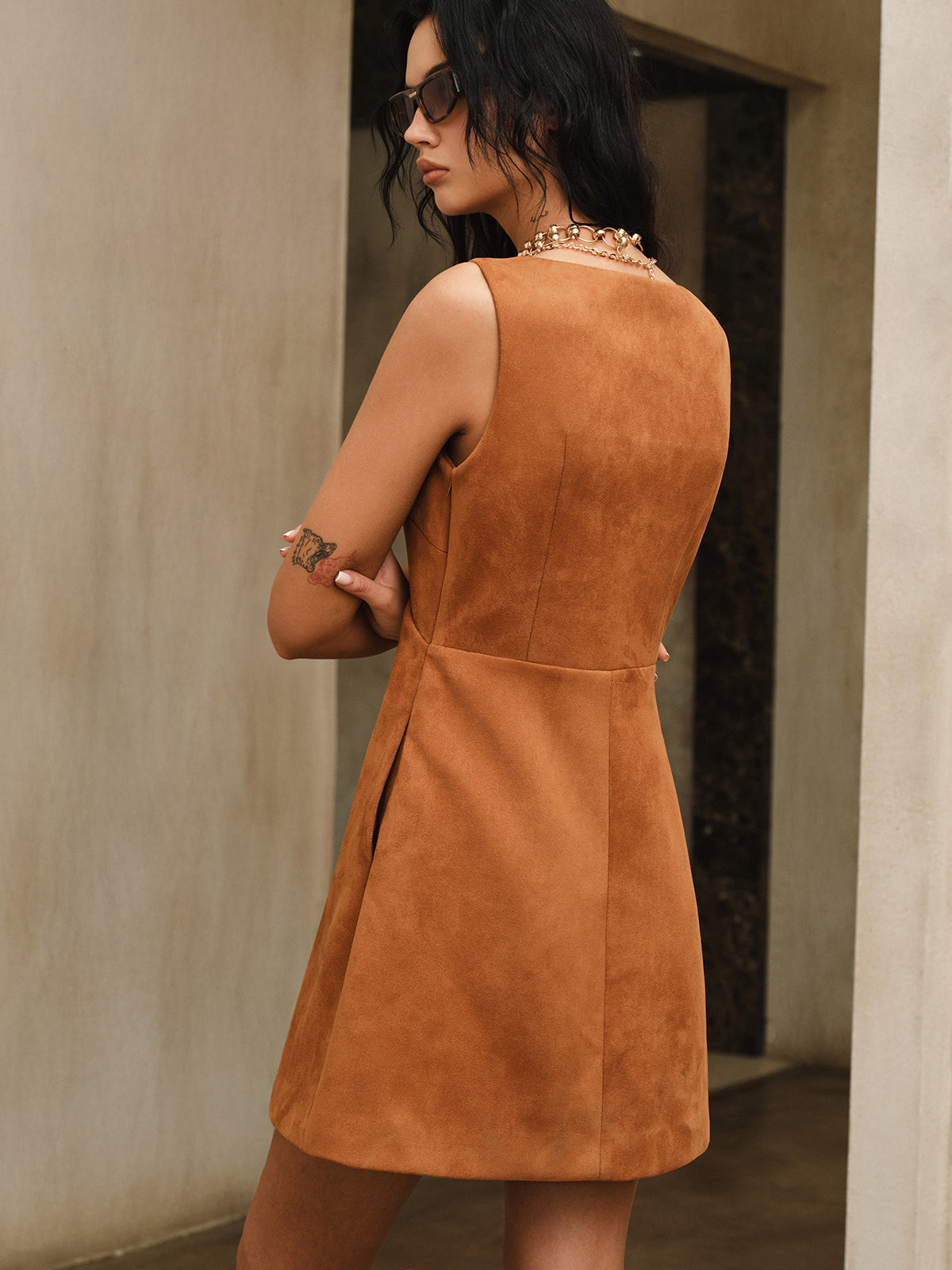 Suede Effect V-Neck Sleeveless Mini Dress