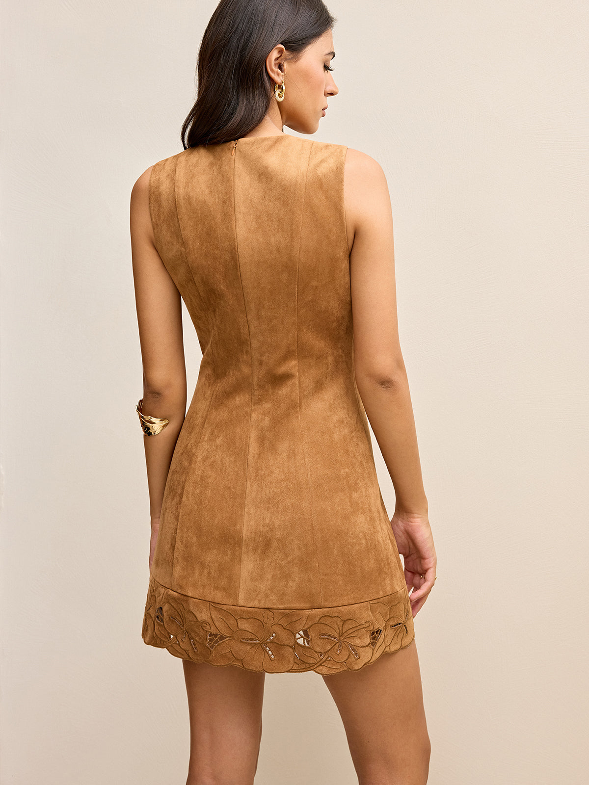 Suede Effect Floral Embroidered Sleeveless Mini Dress