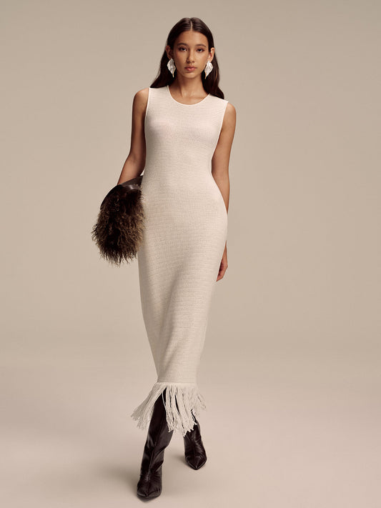 Fringe Hem Sleeveless Knit Maxi Dress
