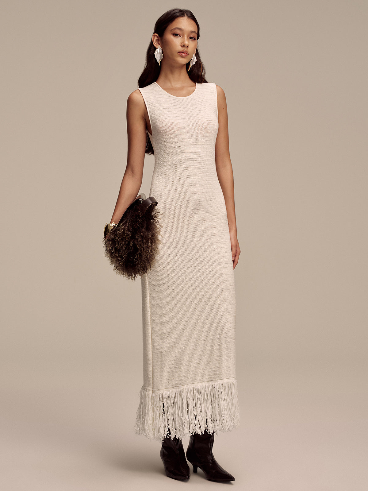 Fringe Hem Sleeveless Knit Maxi Dress