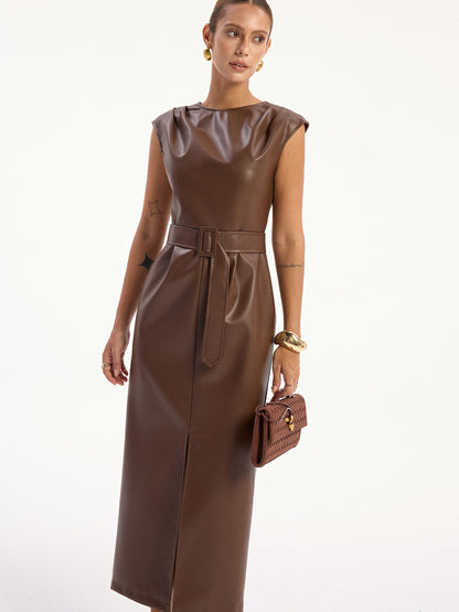 PU Leather Sleeveless Belted Midi Dress