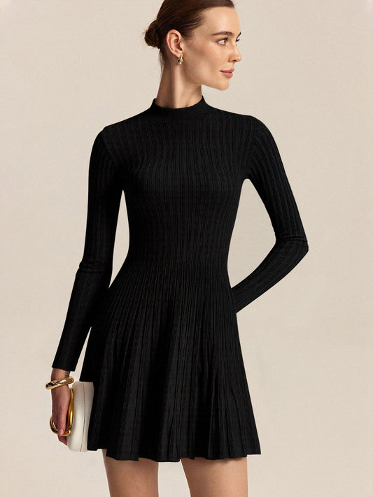 Mock Neck Flared Sweater Dress