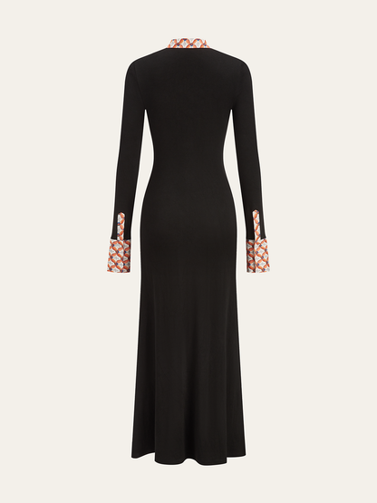 Print Trim Shirt Collar Maxi Dress