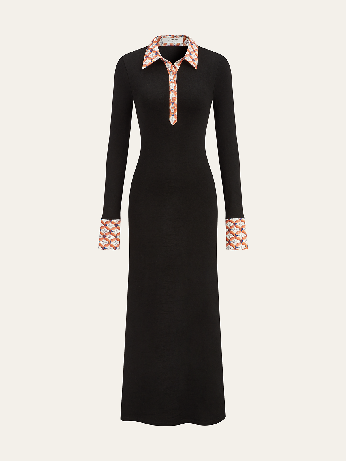 Print Trim Shirt Collar Maxi Dress