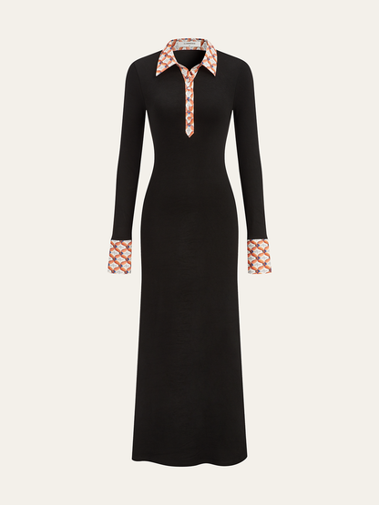 Print Trim Shirt Collar Maxi Dress