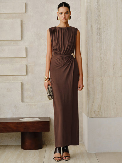 Metal Buckle Sleeveless Ruched Maxi Dress