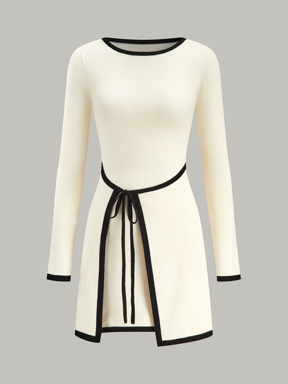 Contrast Trim Long Sleeve Sweater Dress