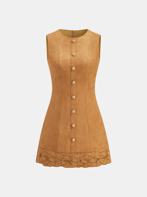 Suede Effect Floral Embroidered Sleeveless Mini Dress