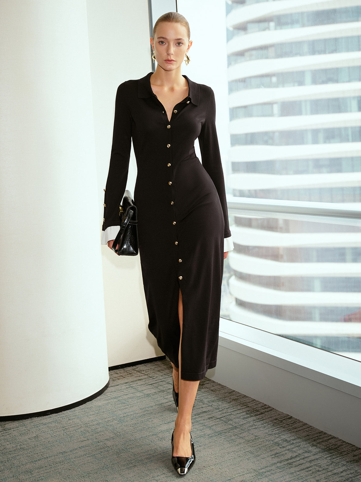 Contrast Flared Cuff Metal Button Shirt Dress