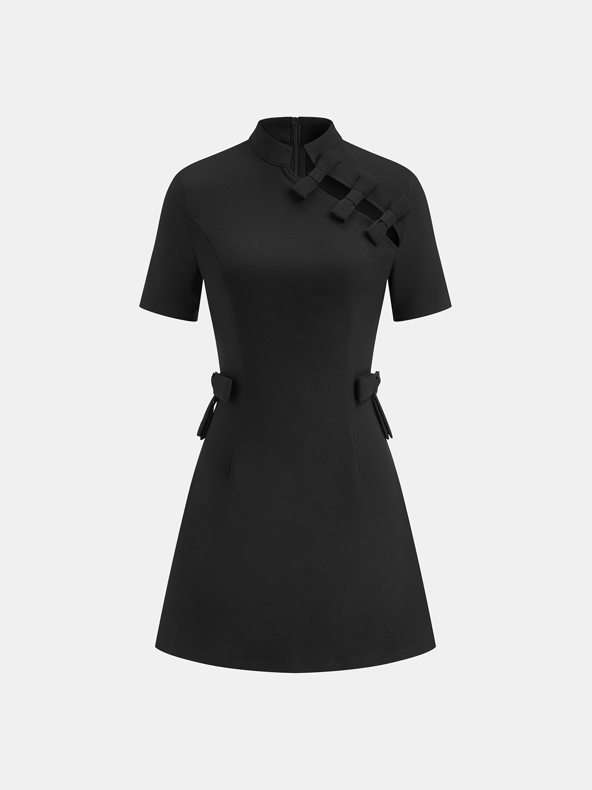 Bow Cut-Out Stand Collar Short Sleeve Dress