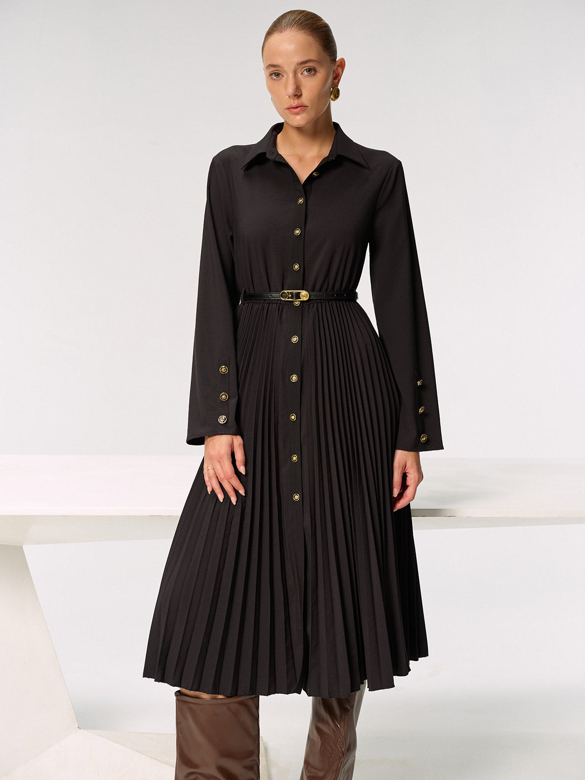 Metal Button Belted Pleated Shirt Dress