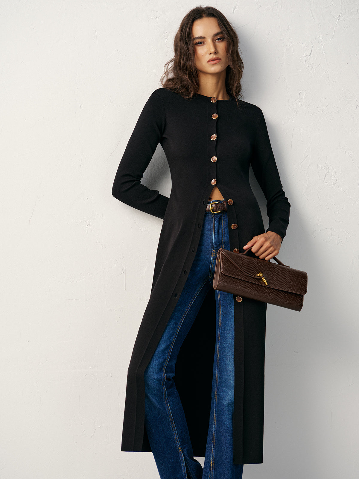 Button-Front Maxi Knit Cardigan Dress