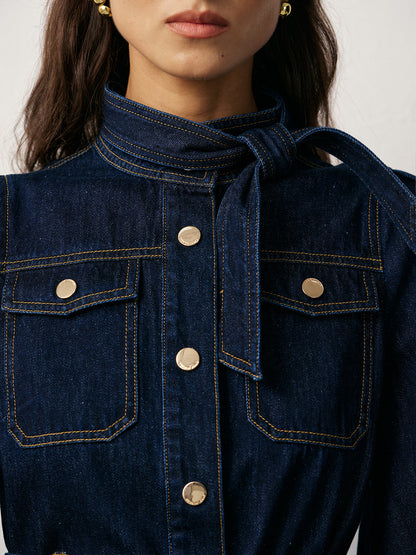 Belted Button-Front Denim Dress