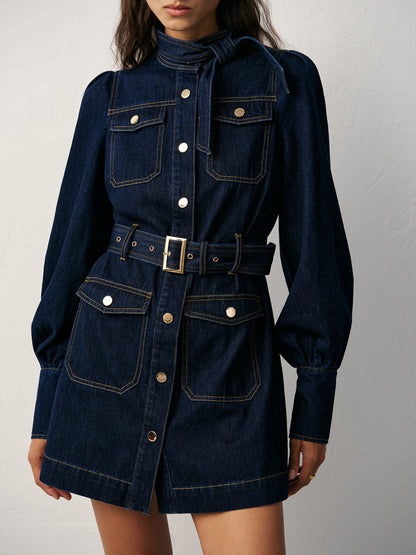 Belted Button-Front Denim Dress