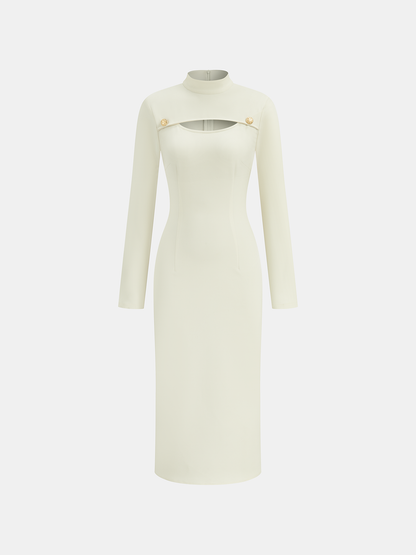 Stand Collar Long Sleeve Cut-Out Fitted Dress