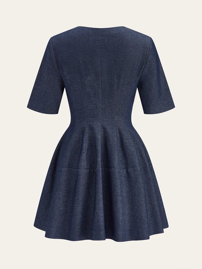 Denim Short Sleeved Zip-Front Mini Dress