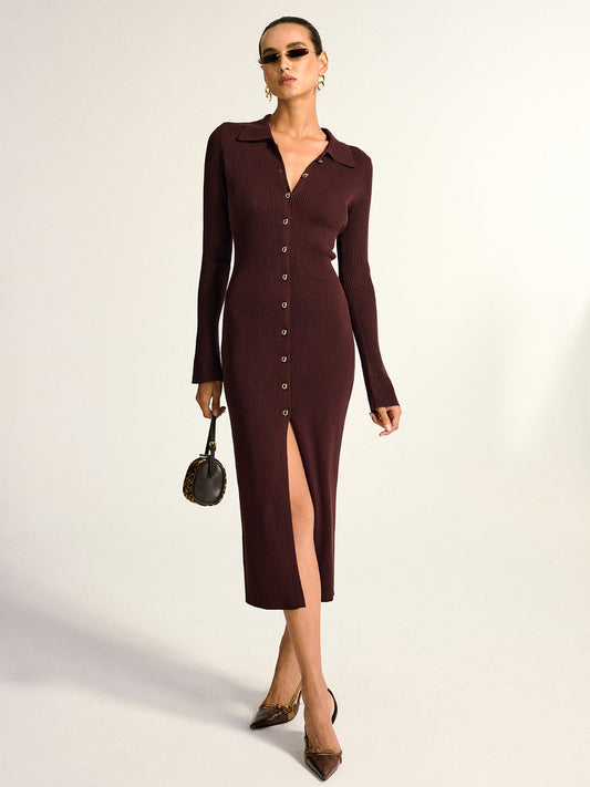 Metal Button Collar Ribbed Knit Midi Dress