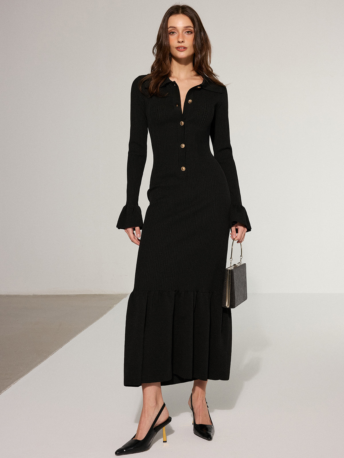 Mermaid Hem Collared Knit Maxi Dress