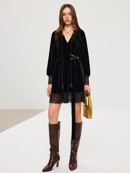 Velvet Belted Lace Trim Mini Dress