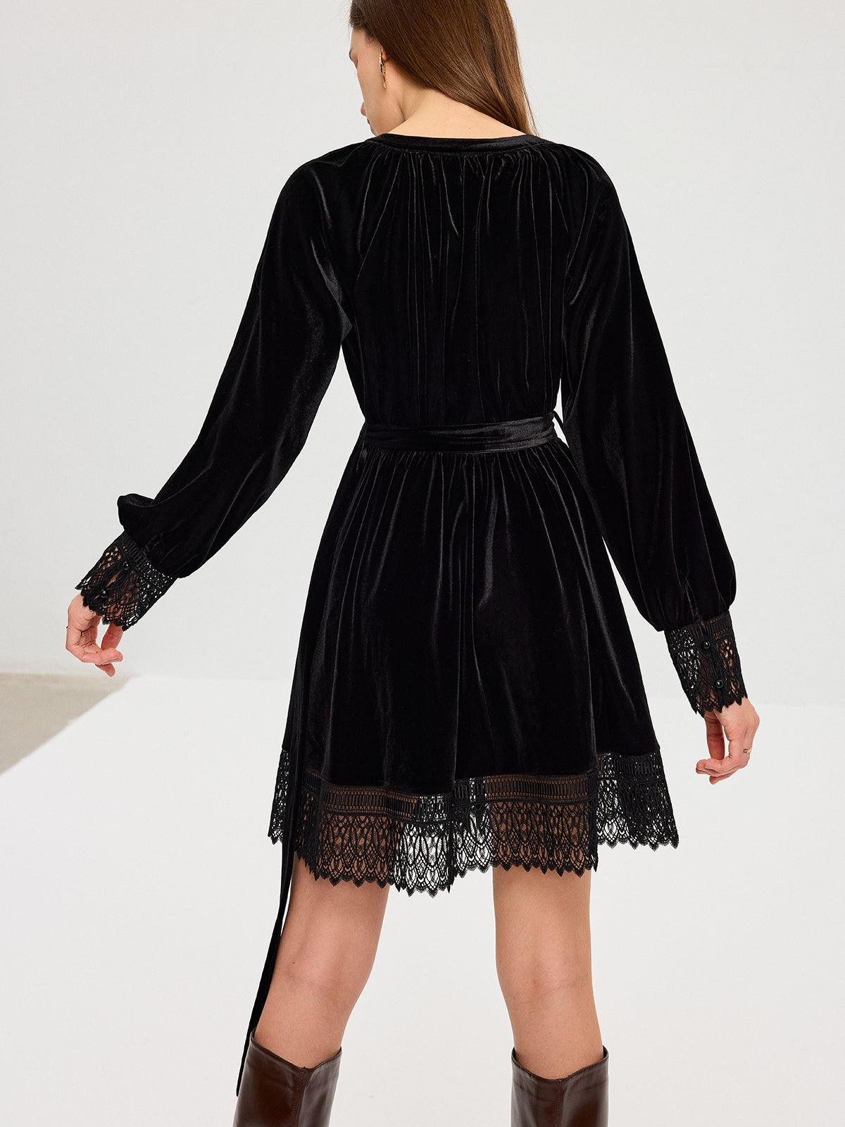 Velvet Belted Lace Trim Mini Dress