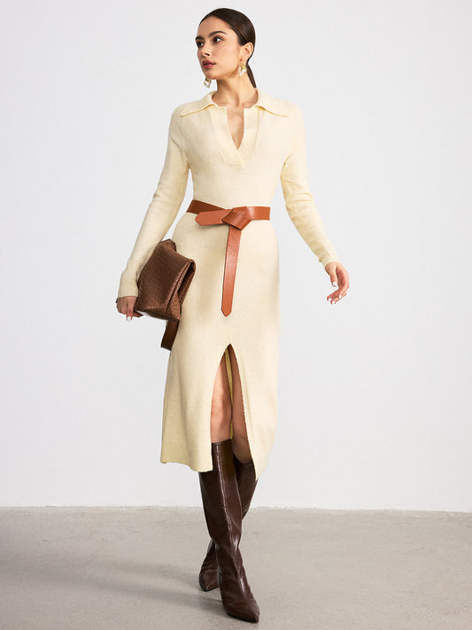 Collared Split-Hem Belted Knit Midi Dress